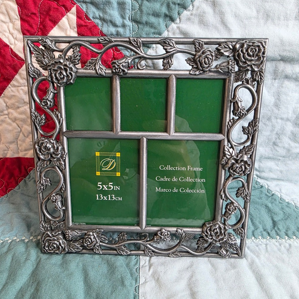 Vintage Silver Pewter Rose Vine 5x5 Collage Picture Frame Floral Ornate Square
